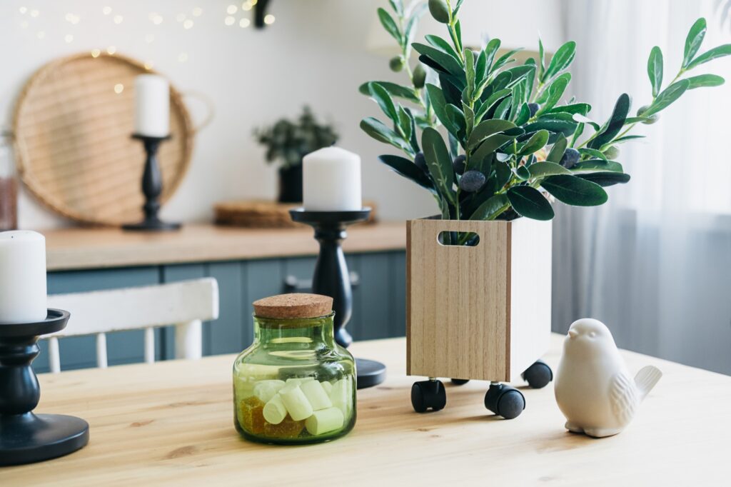 Kitchen table with decorative elements.