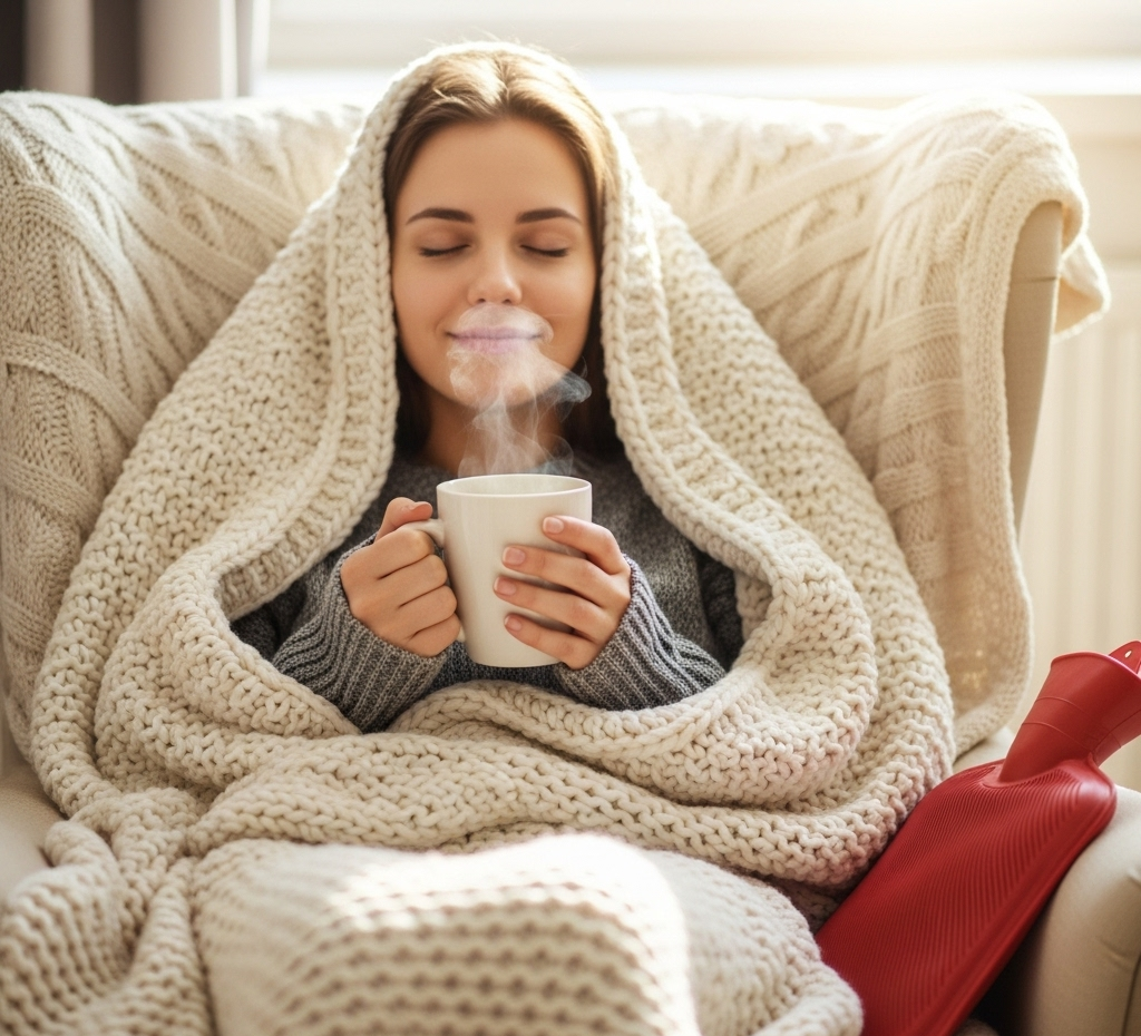Kobieta odczuwa ulgę w objawach PMS, stosując naturalne metody, takie jak termofor i herbata ziołowa.