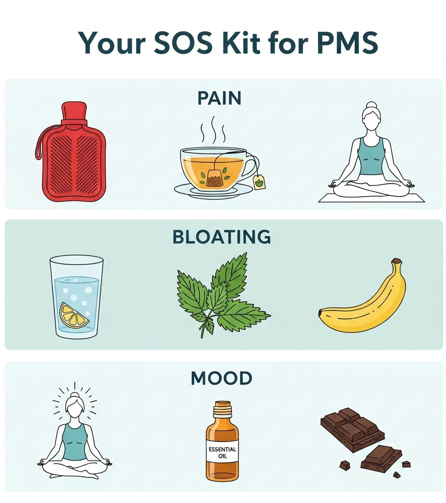 Naturalna apteczka pierwszej pomocy na PMS z szybkimi sposobami na ból, wzdęcia i zły nastrój.