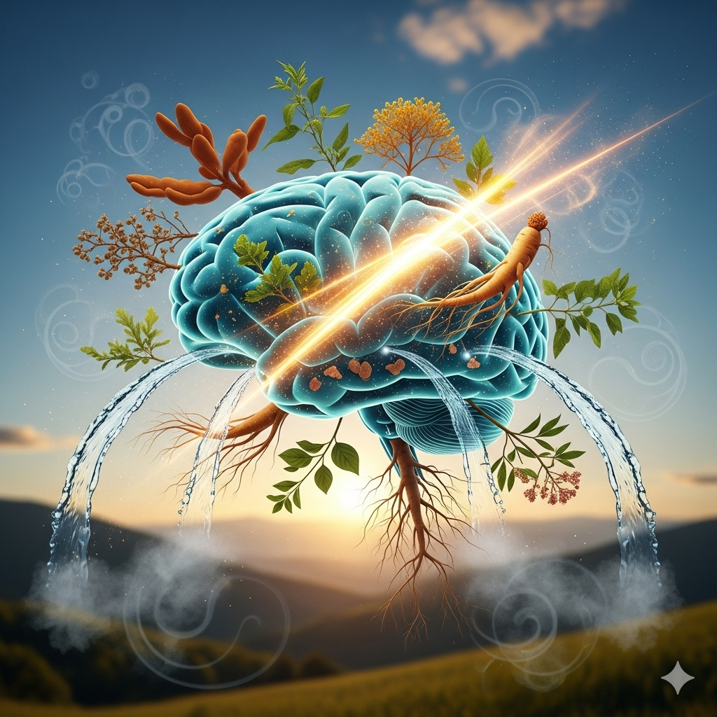 Symboliczna grafika przedstawiająca ludzki mózg wzmacniany przez naturalne elementy roślinne, co reprezentuje działanie adaptogenów i nootropów