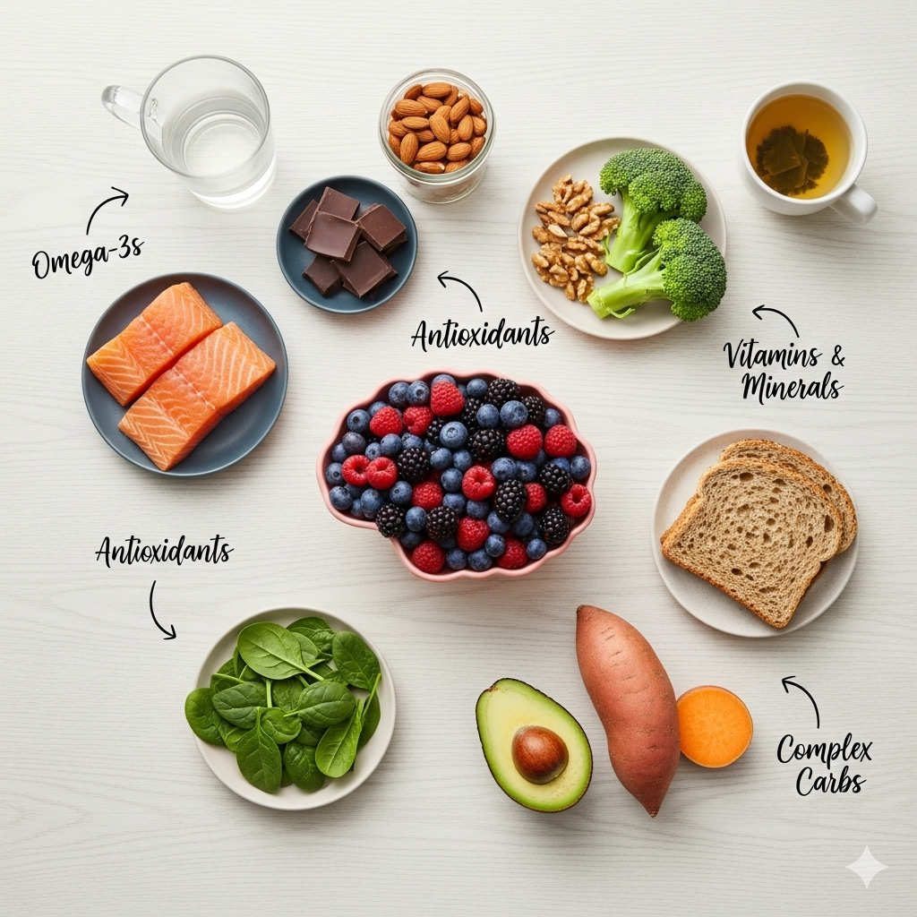 Zdrowe produkty dobre dla mózgu, takie jak łosoś, orzechy, jagody i awokado, ułożone na stole. Grafika ilustruje dietę na pamięć i koncentrację.
